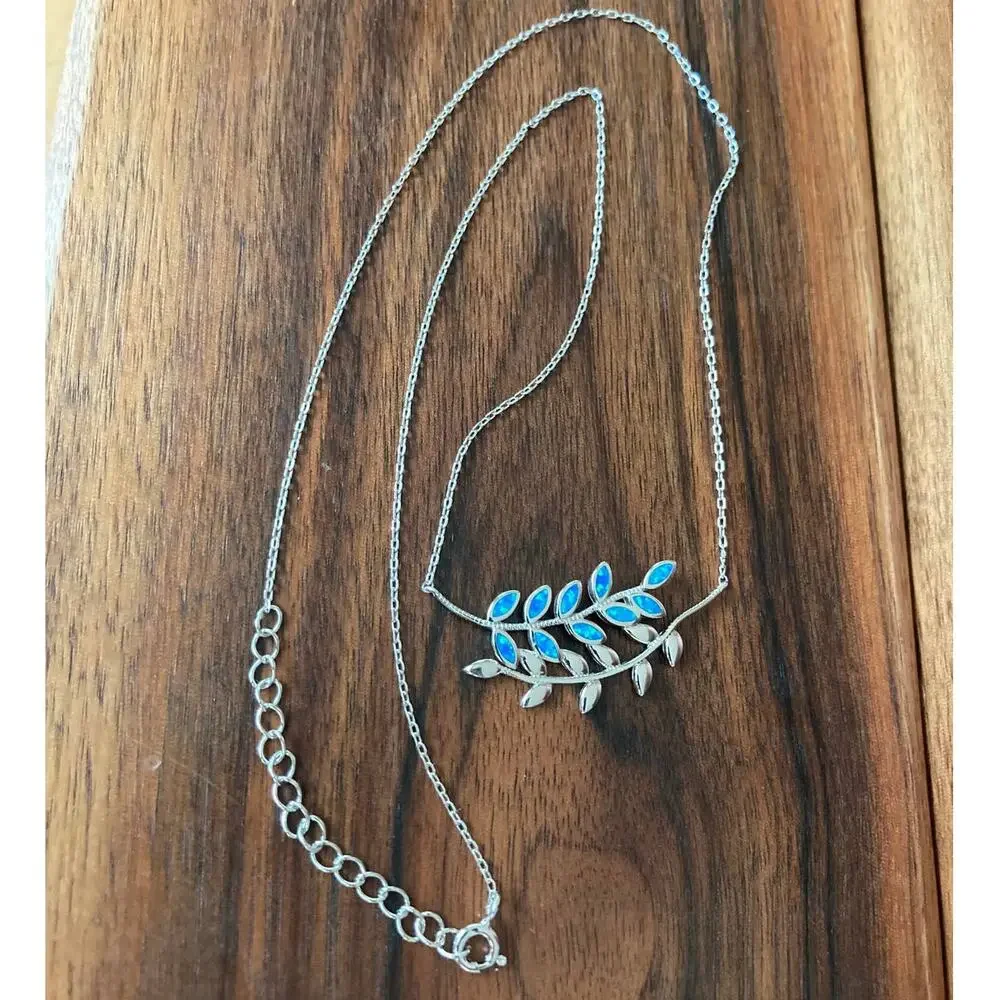 Sterling Silver Necklace with Blue Opalite Leaves - 925 Stamped - 17 in - NEW